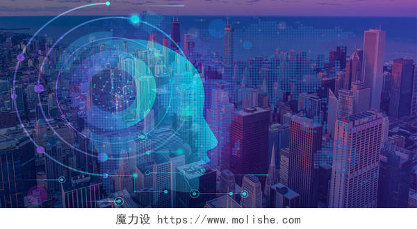 蓝紫色科技感城市剪影地图智能人脑企业年会展板背景信息数据背景